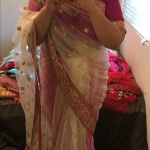 Hot Pink and white net and thick saree border